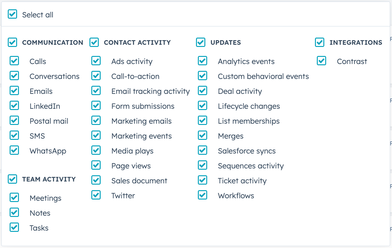 Screenshot of how to filter timeline activities in HubSpot