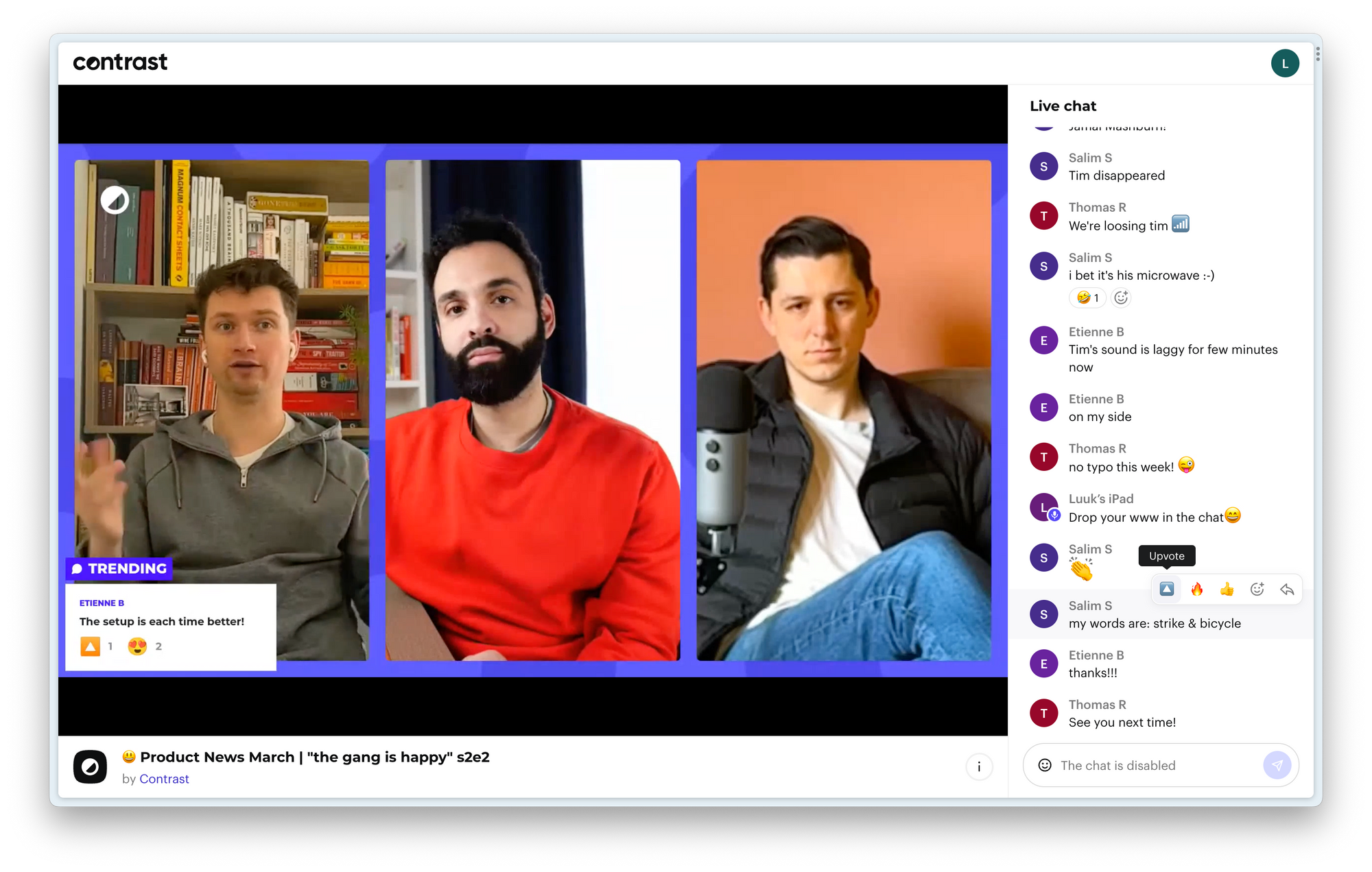 Screenshot of a webinar product with three men