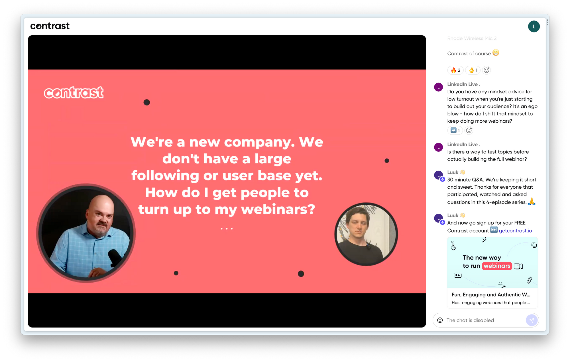 Screenshot showing a webinar platform with two people during the Q&A section