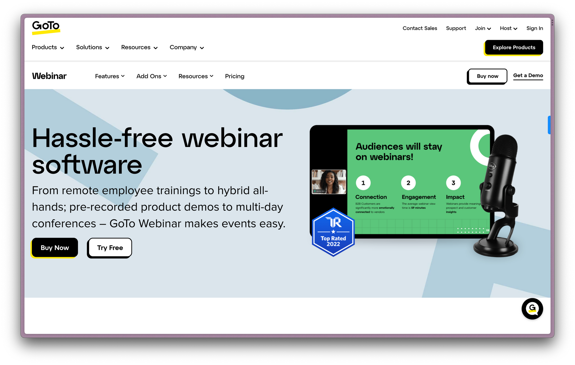 Screenshot of GoToWebinar homepage