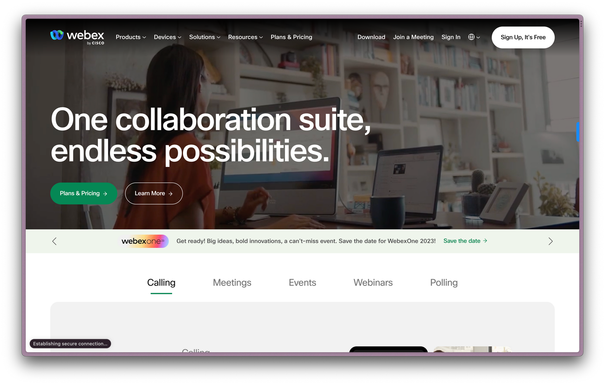 Screenshot of Webex homepage