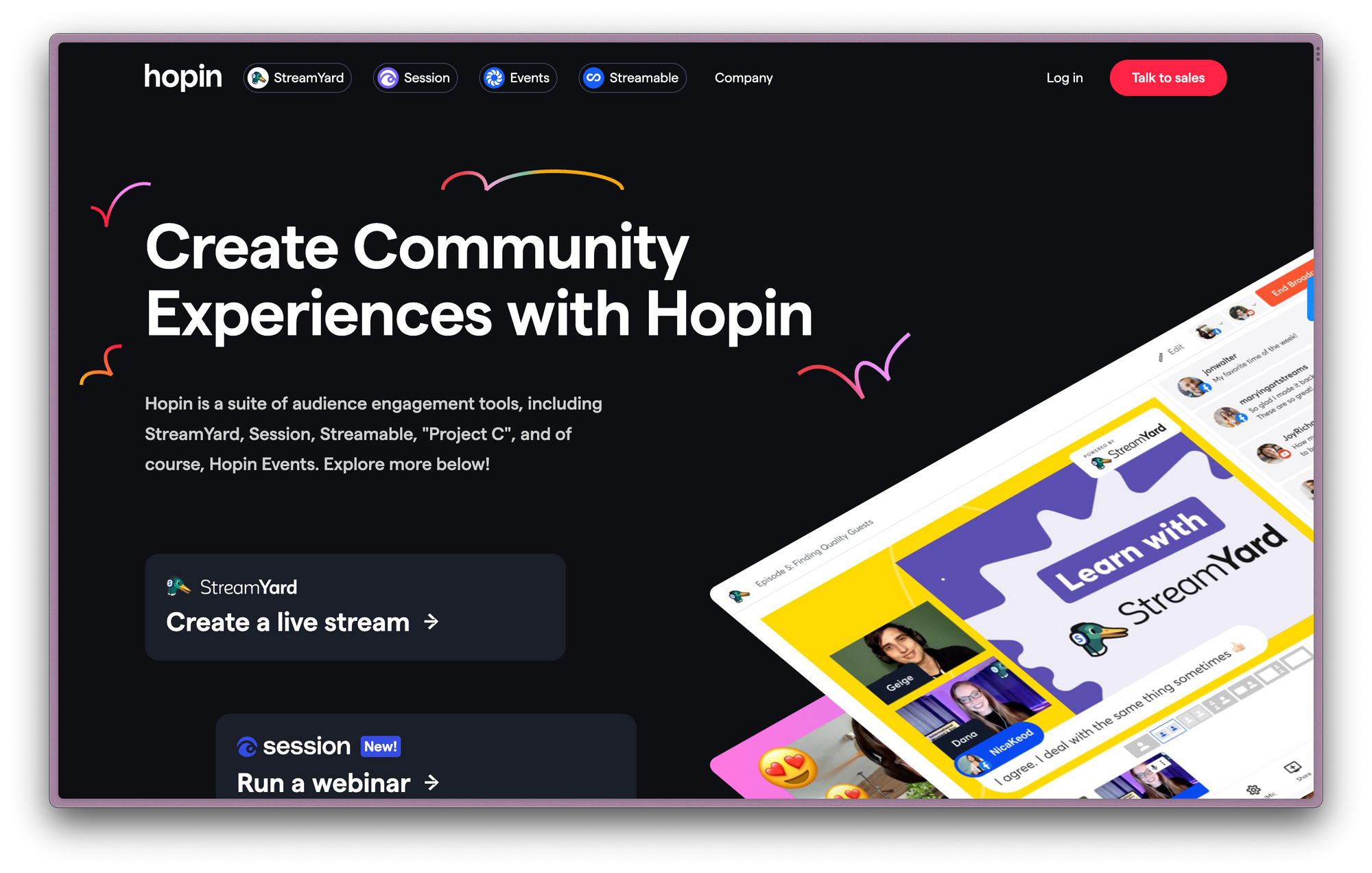 Screenshot of Hopin homepage