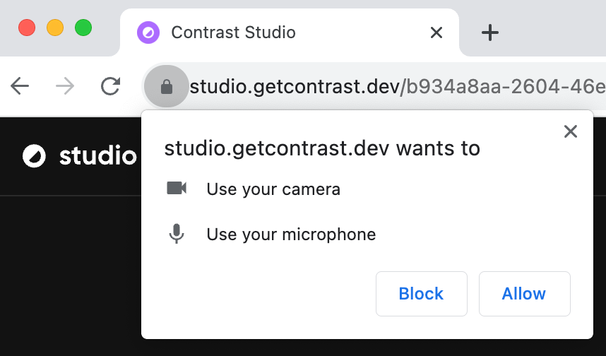Screenshot showing a camera and microphone permission modal in Google chrome