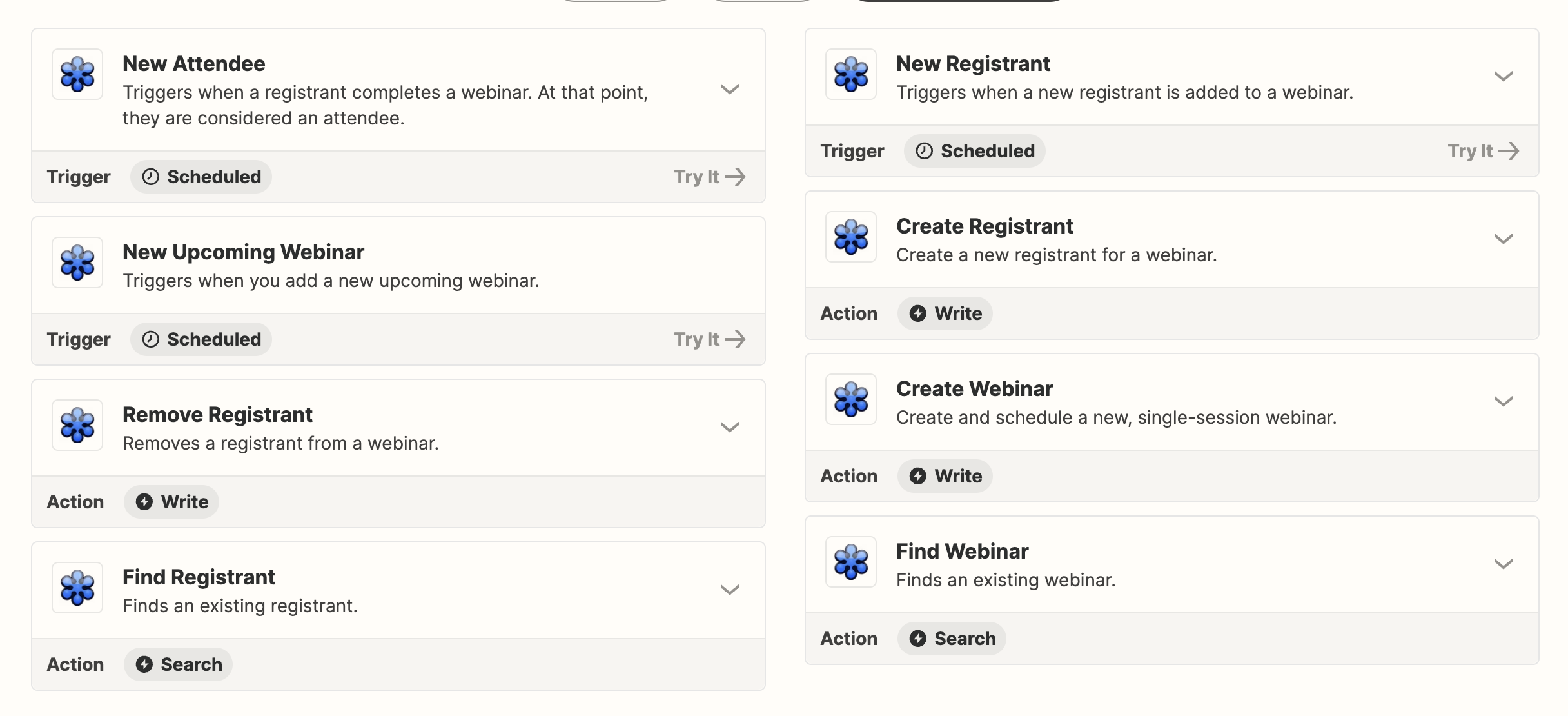 Screenshot of GoToWebinar actions in Zapier 