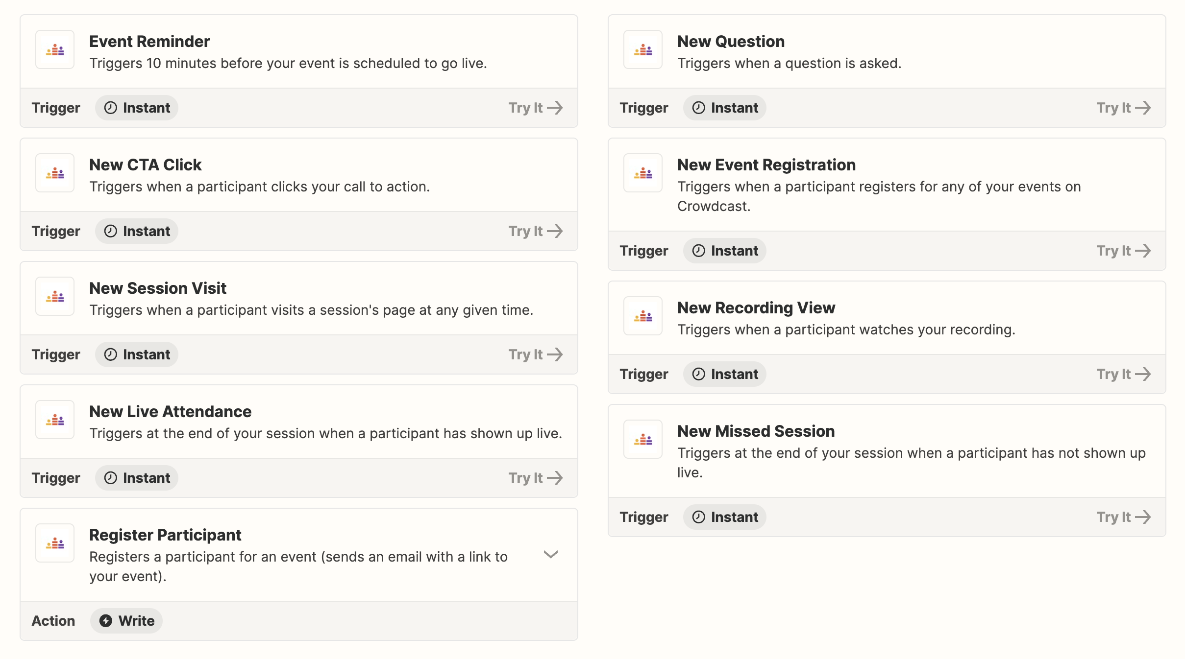 Screenshot of Crowdcast actions in Zapier