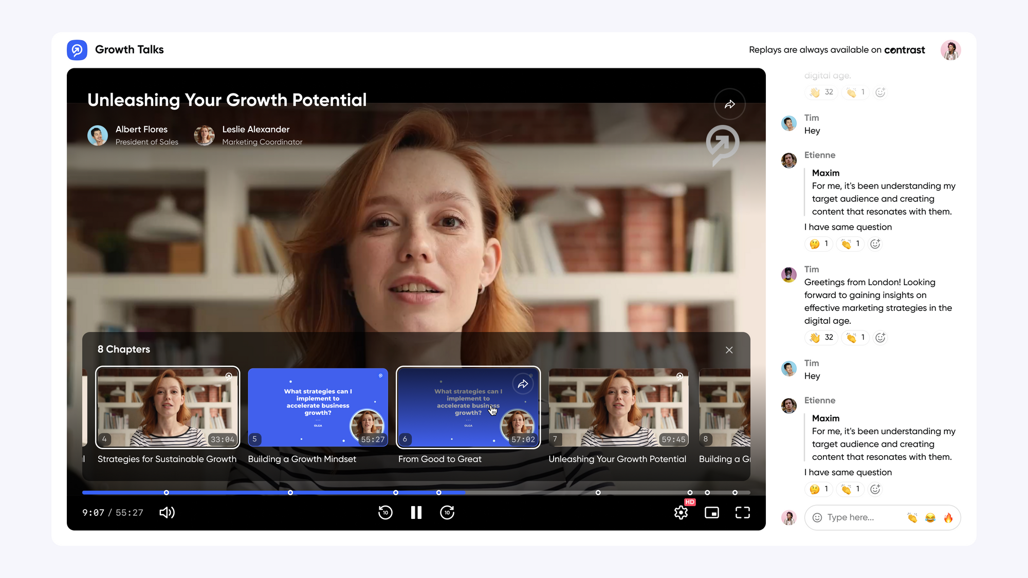 Screenshot that shows the webinar platform Contrast with video chapters and a chat