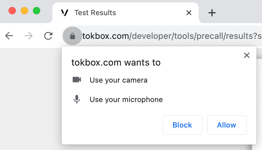 Screenshot of a browser asking access to the camera and microphone