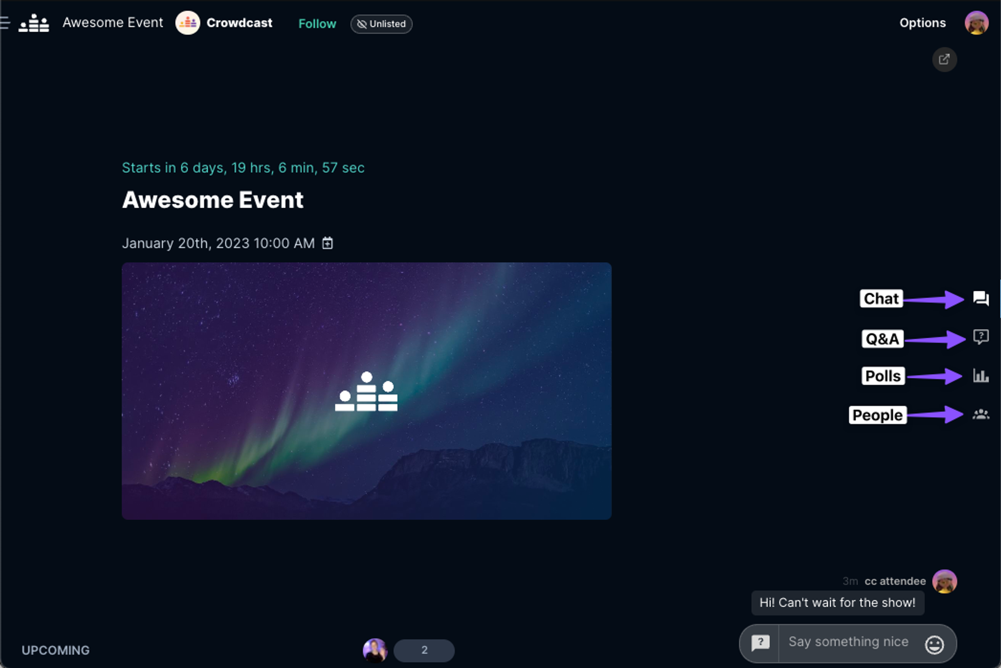 Screenshot of Crowdcast viewer experience