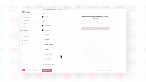 GIF that shows how to add a custom question to your registration form on webinar platform Contrast