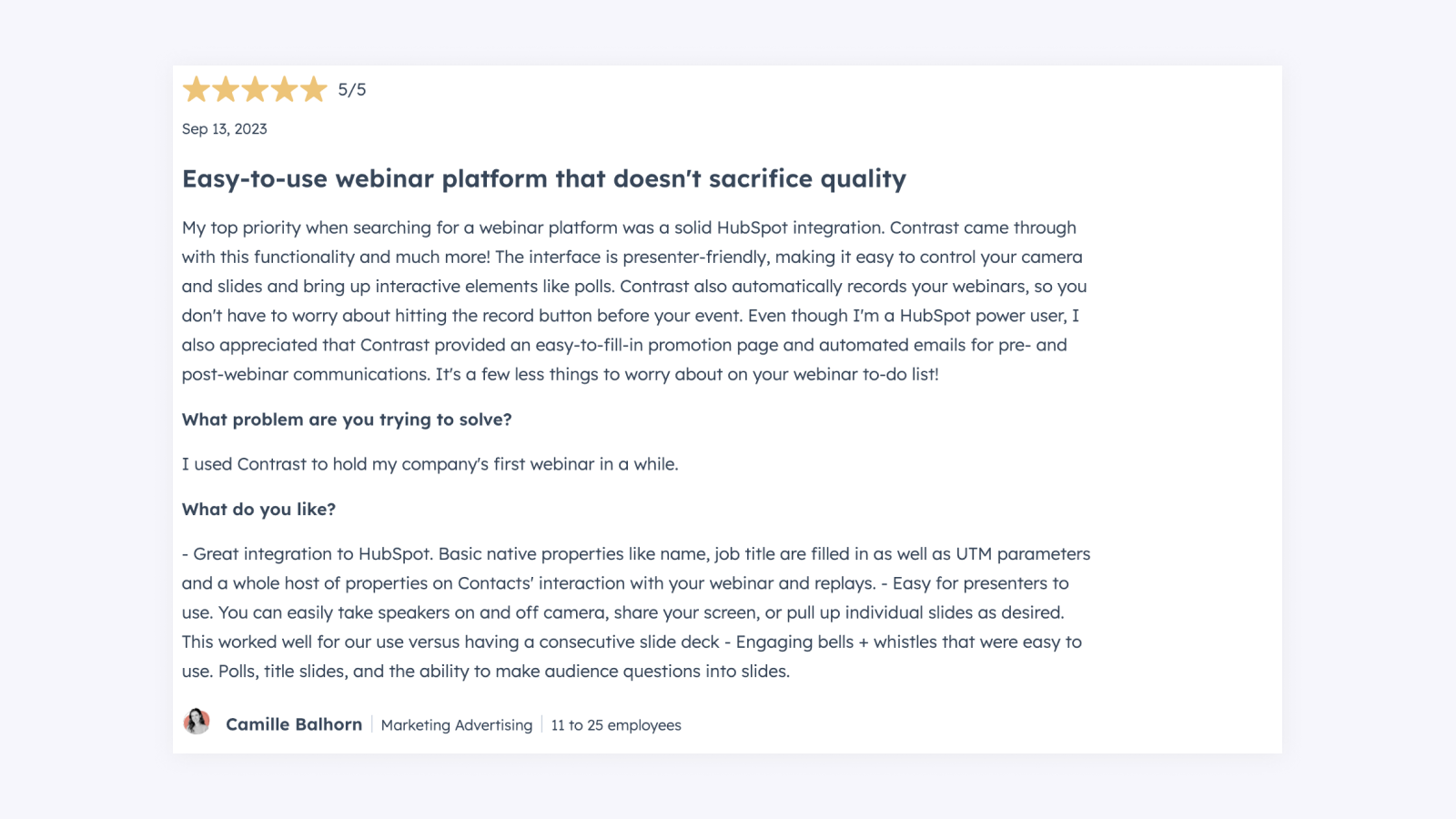 5-star review from Camille Balhorn on the HubSpot Marketplace