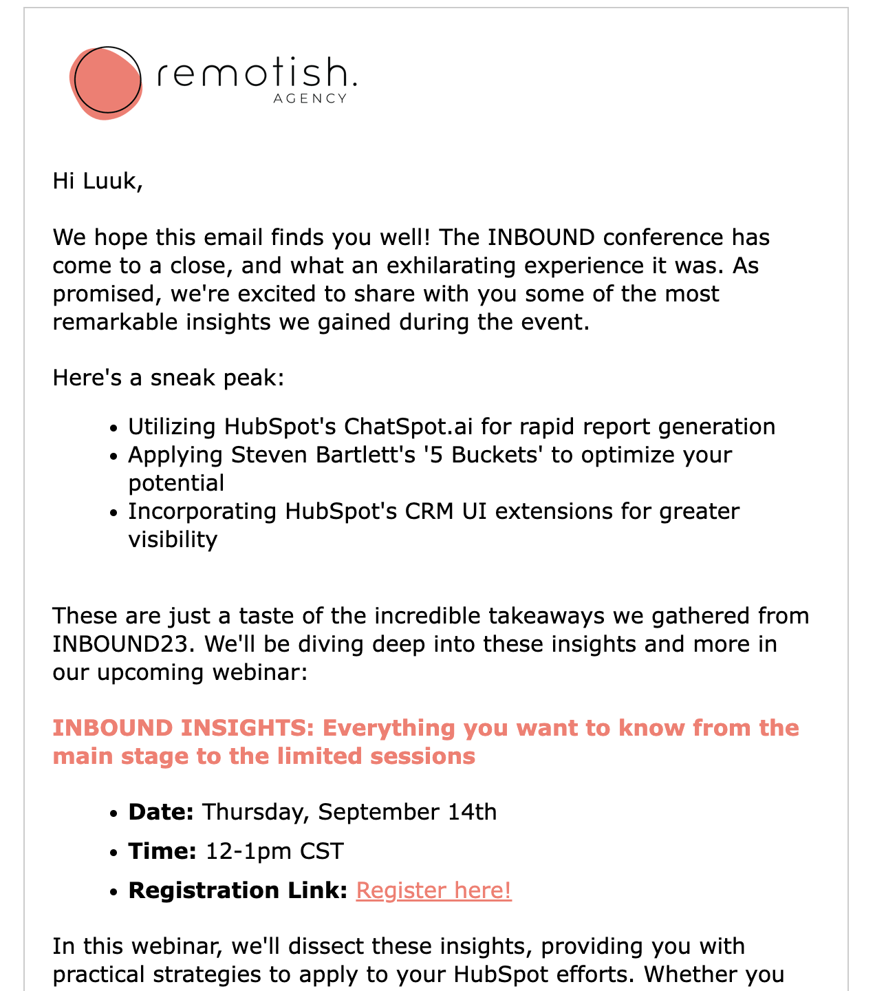 Screenshot of a webinar invitation email from Remotish