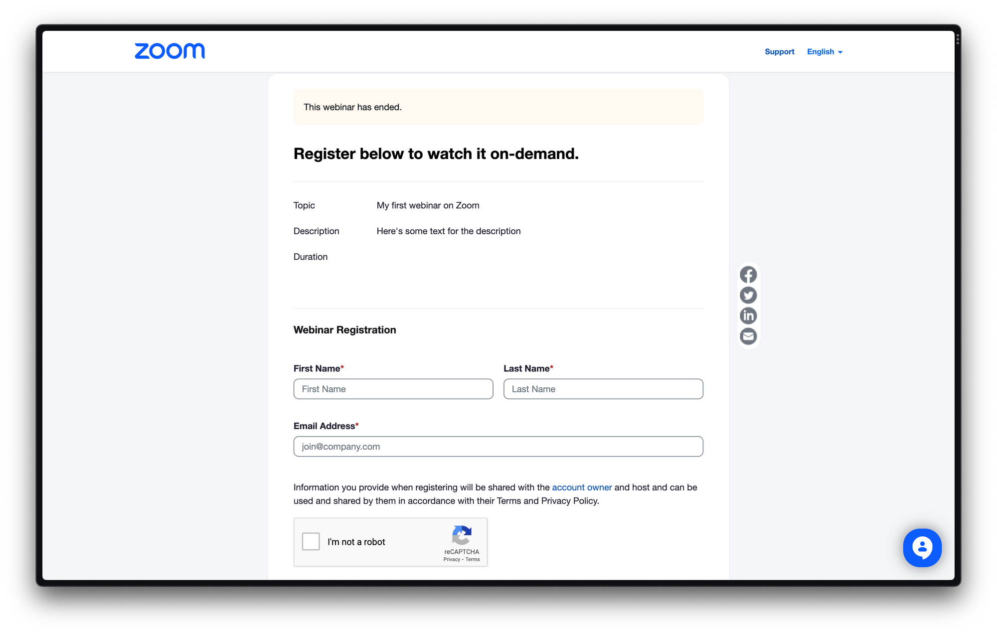 Screenshot of a registration page for a Zoom Webinar recording on demand