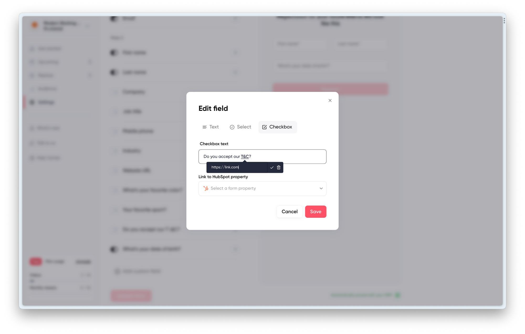 Screenshot of adding T&C to a registration form on the webinar platform Contrast