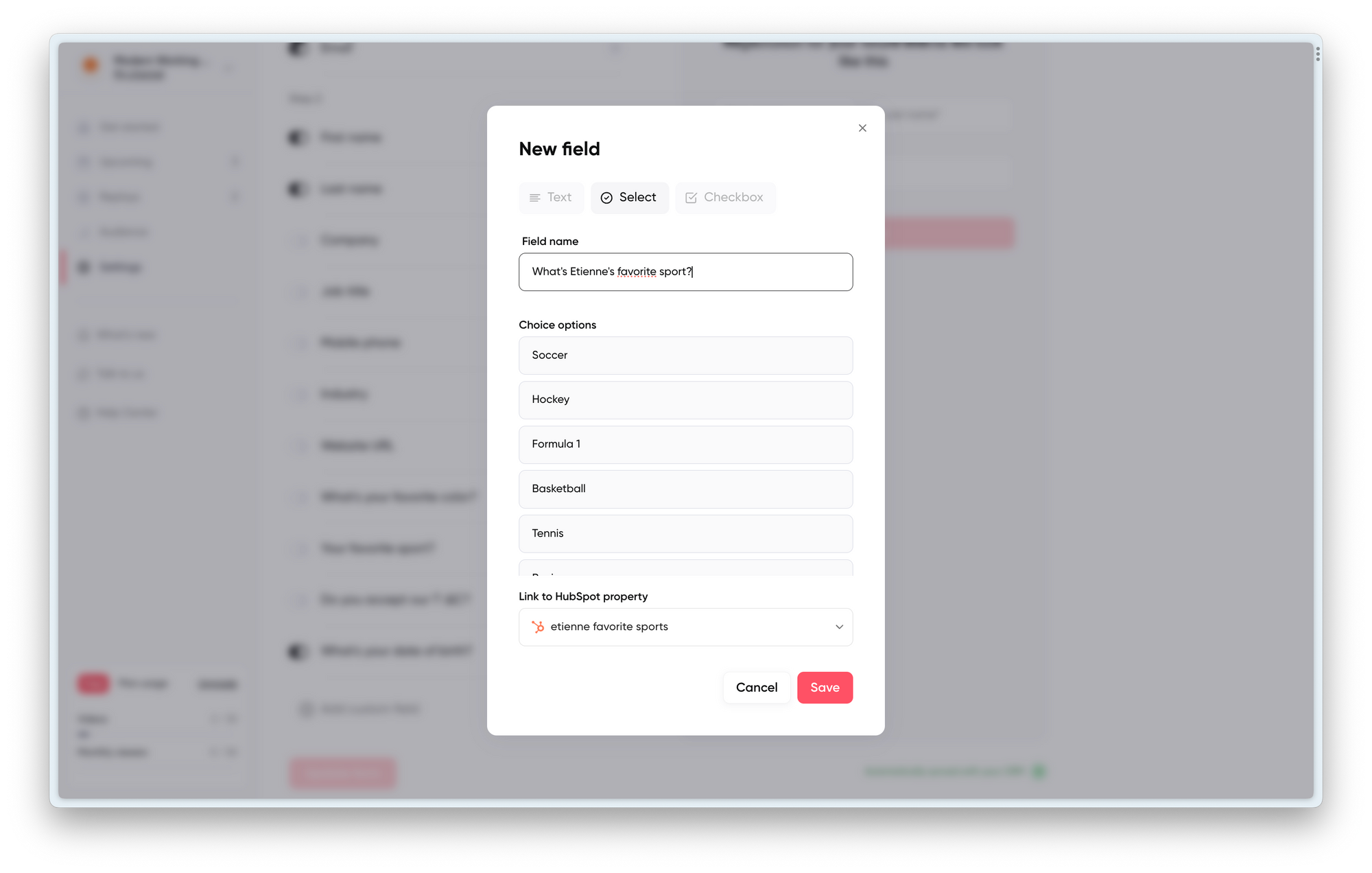 Screenshot of a form builder on the webinar platform Contrast