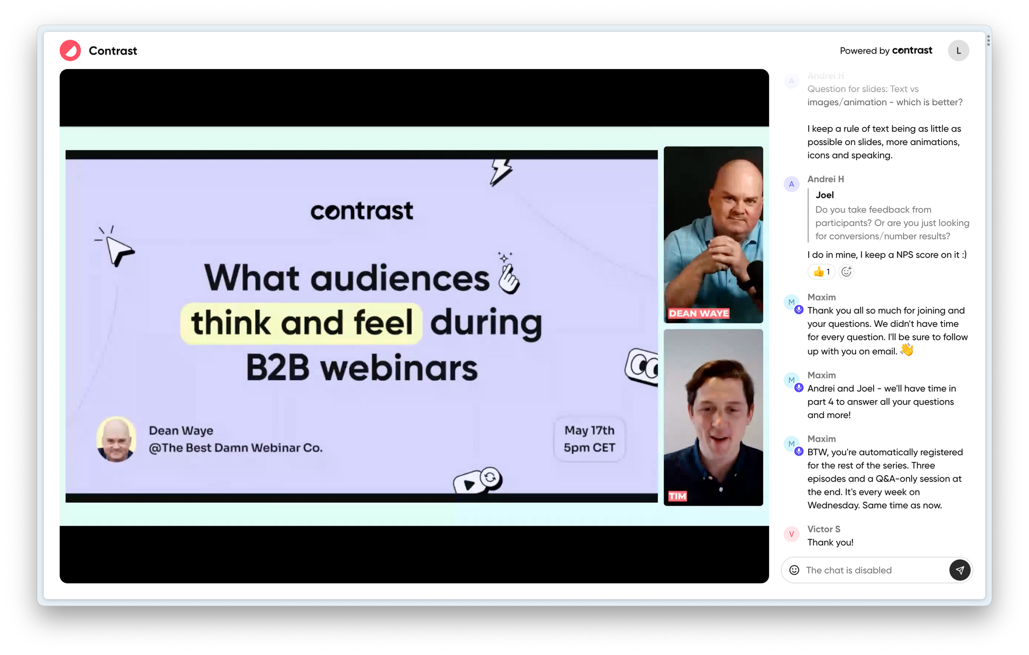 Screenshot of the webinar platform Contrast