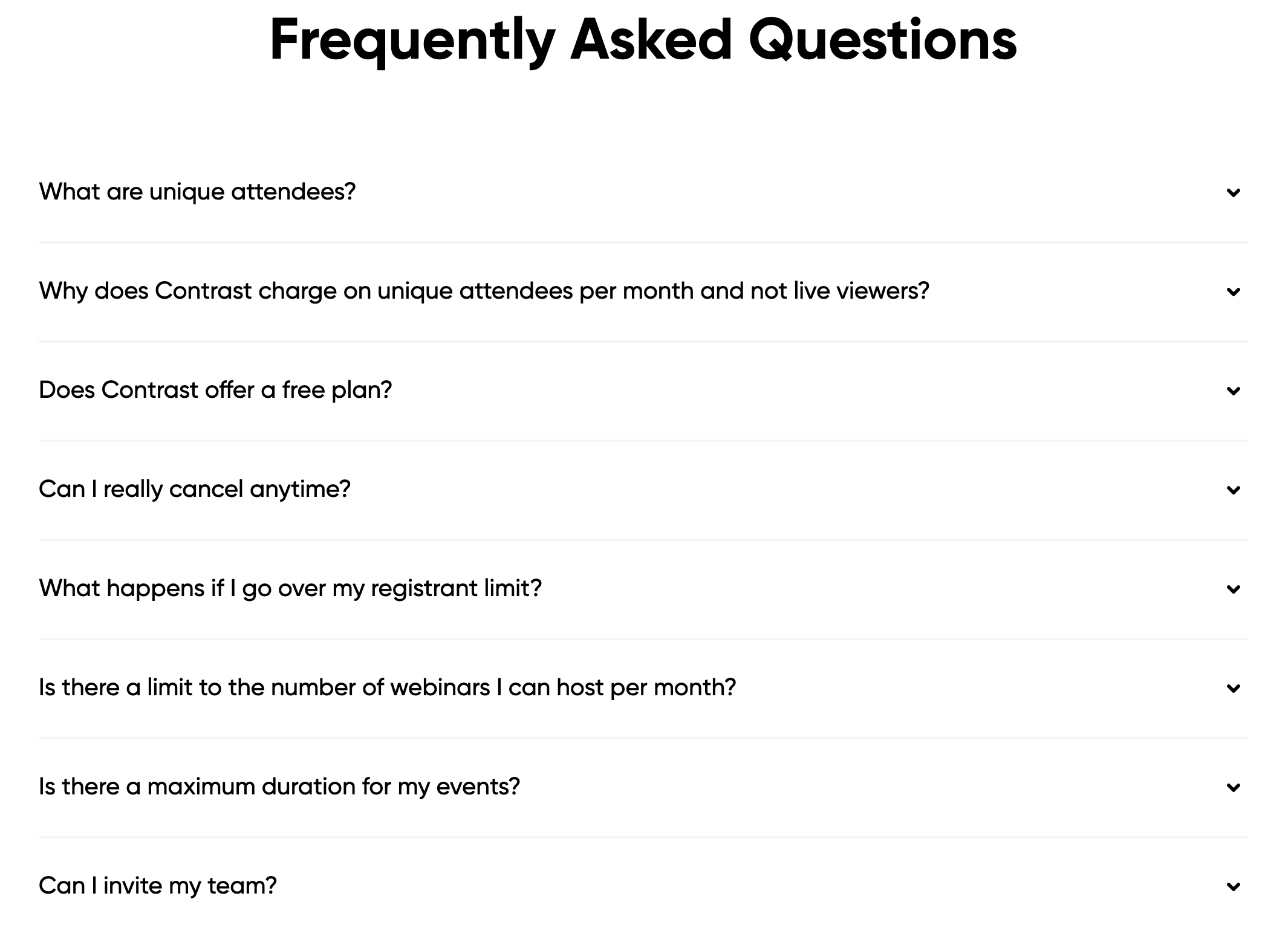 Screenshot of the Q&A section on Contrast's pricing page