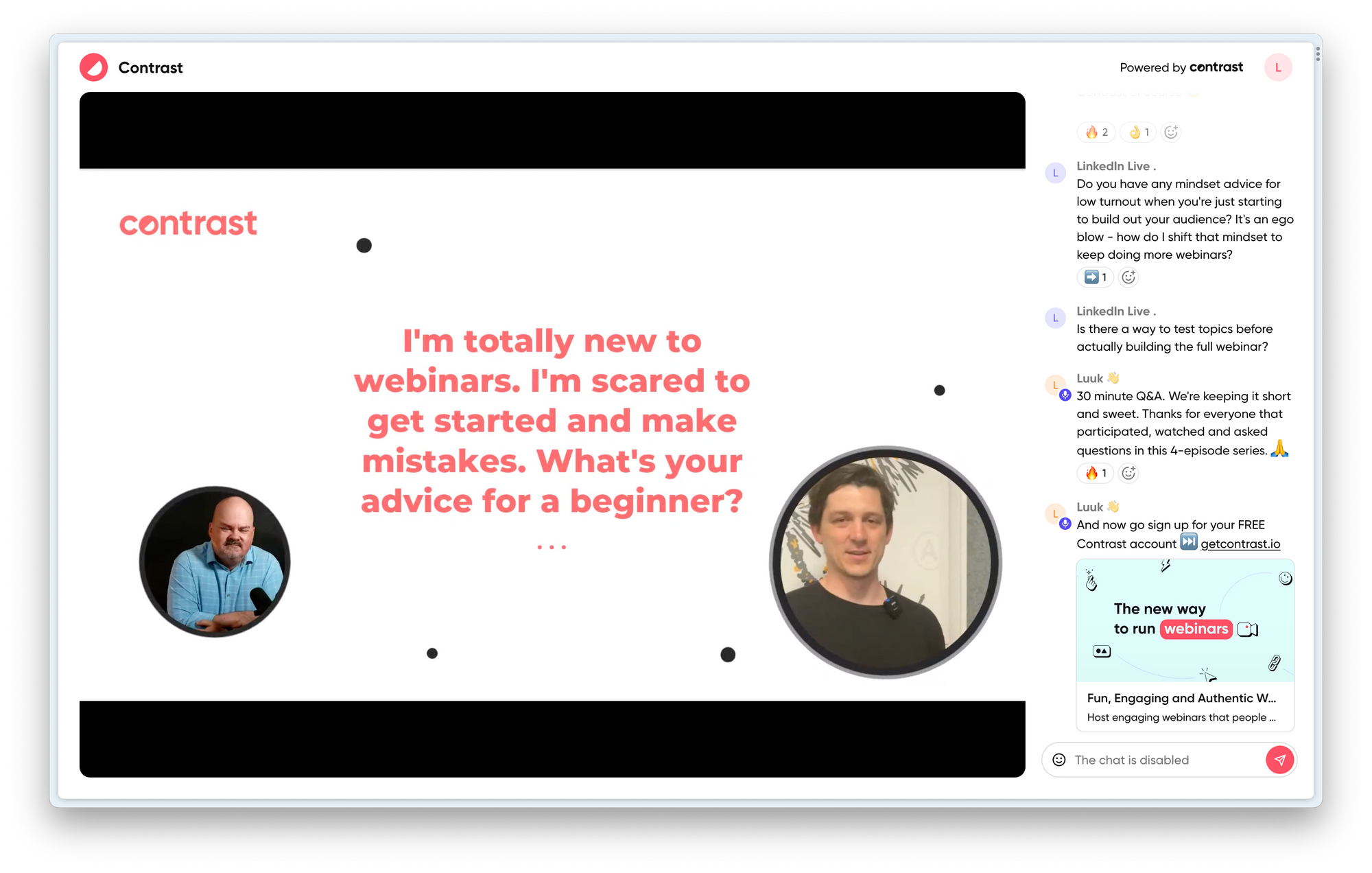 Screenshot of a webinar hosted on Contrast, a webinar platform