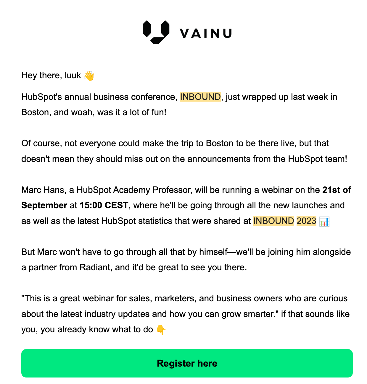 Screenshot of a webinar email email with clear CTA from Vainu