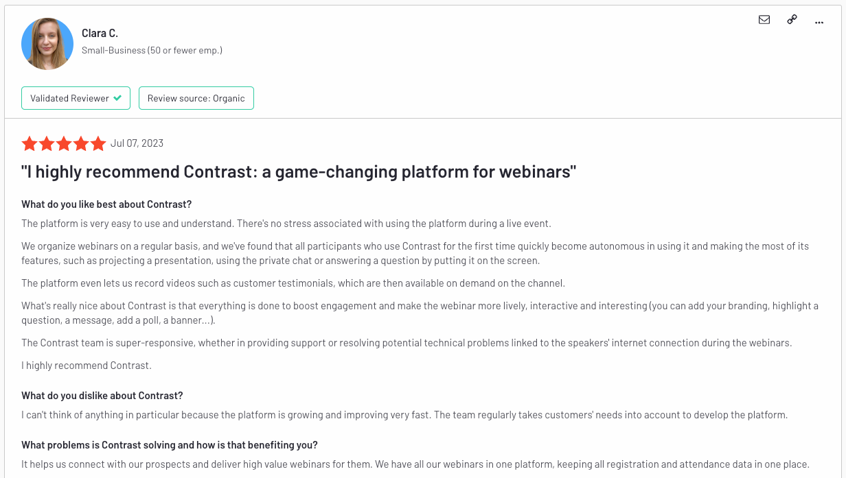 Screenshot of Contrast review from Clara from Elevo