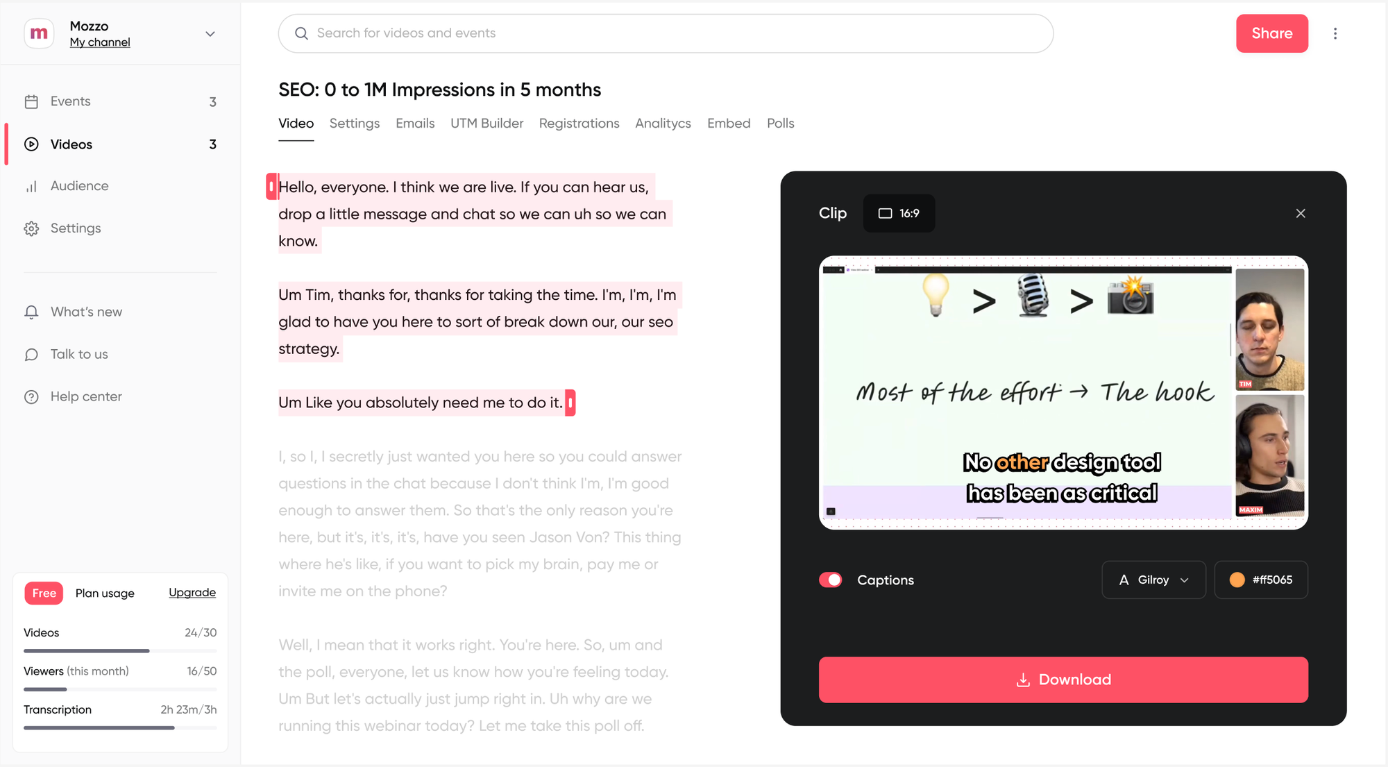 Screenshot of clips on webinar platform Contrast
