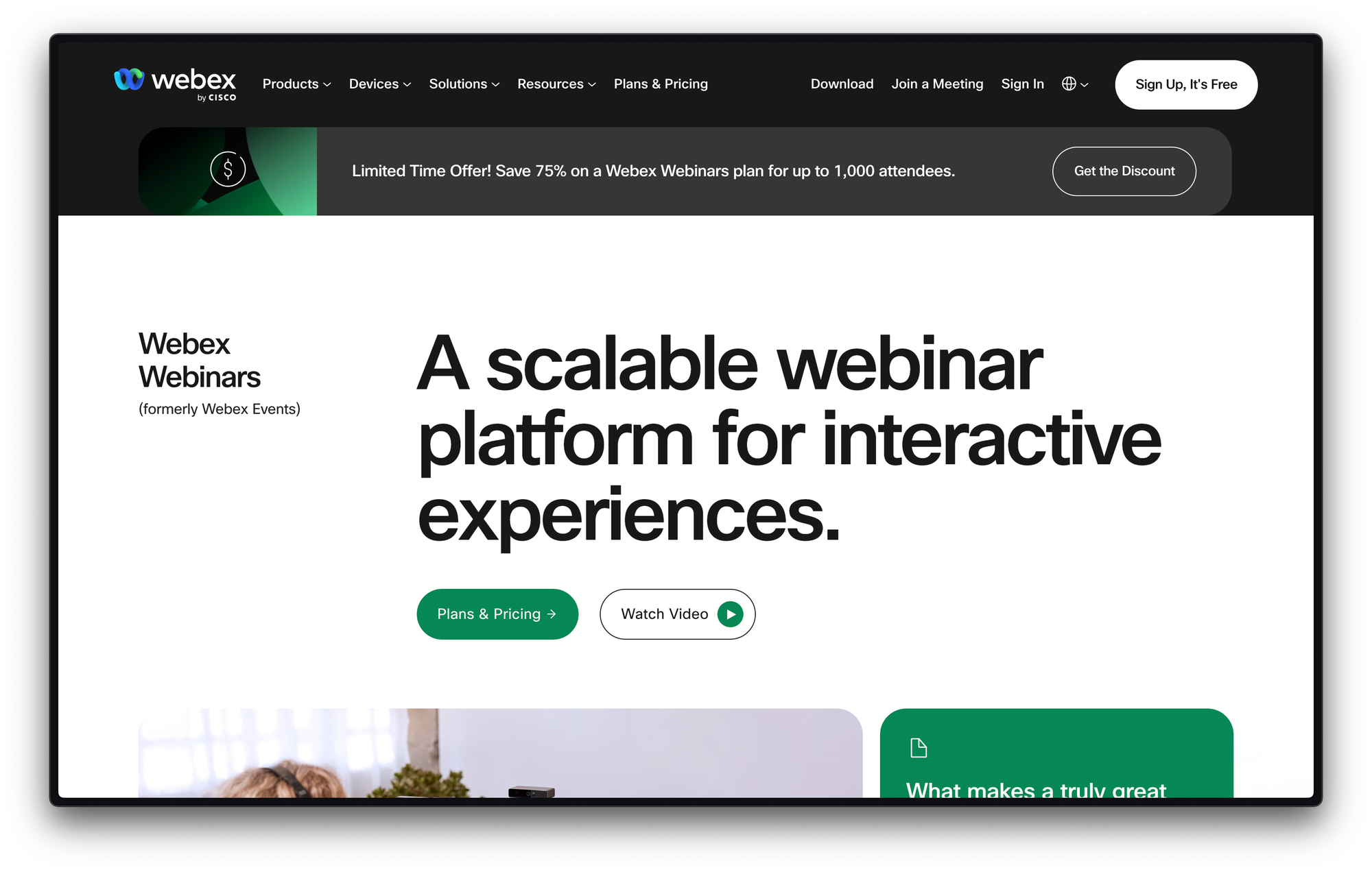 Screenshot of webex homepage