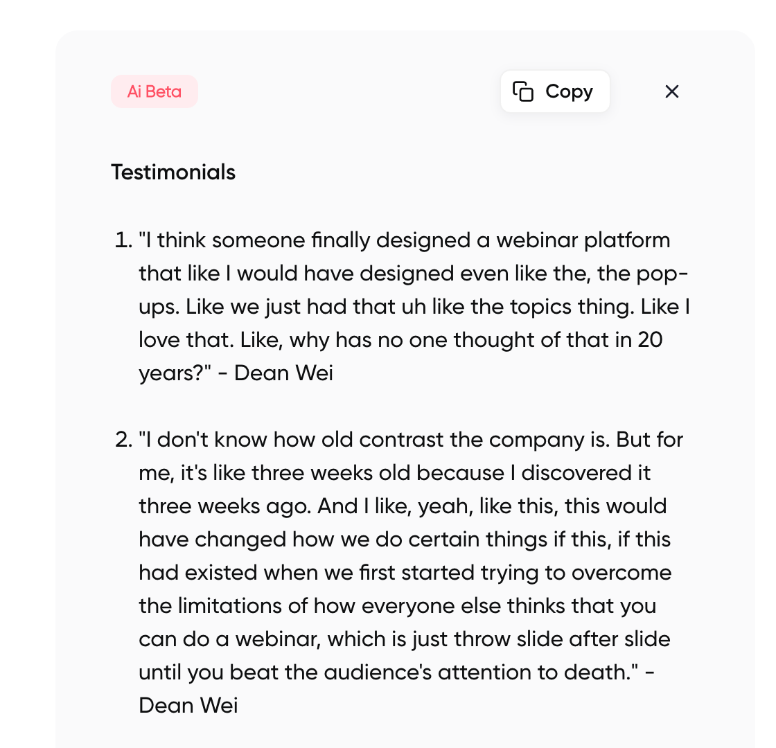 Screenshot of testimonials that were extracted from a webinar