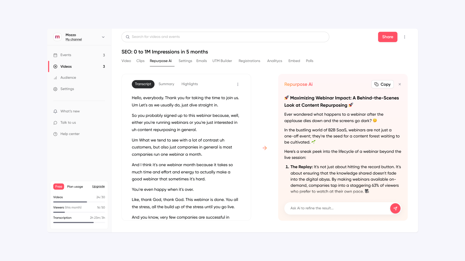 Screenshot that shows Repurpose Ai from Contrast, a webinar platform