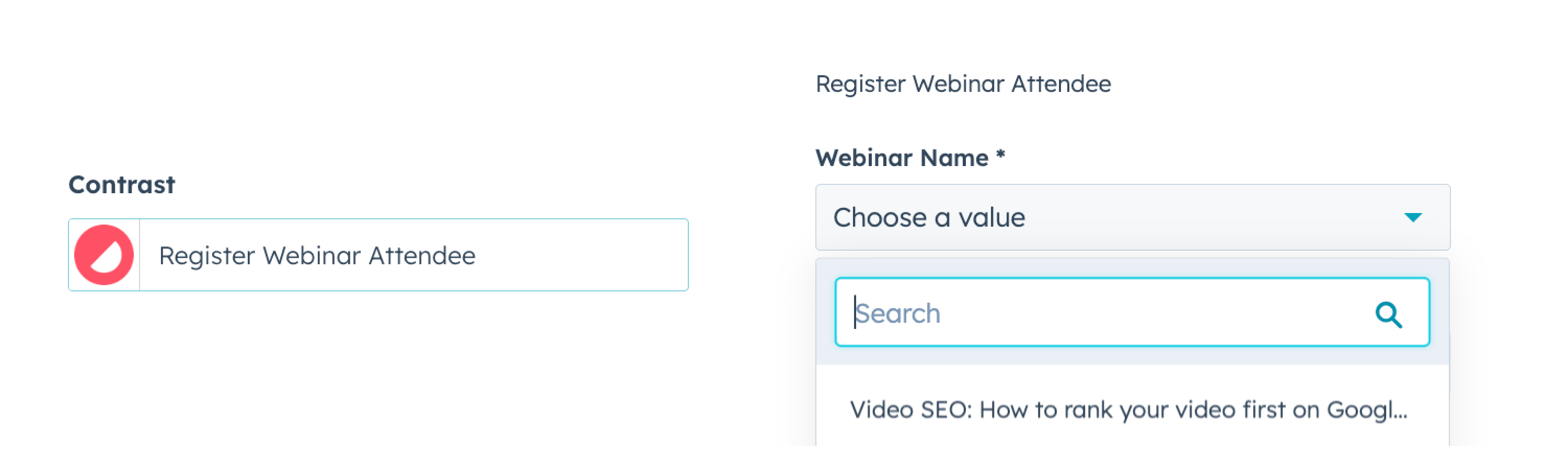 Screenshot of registering a webinar attendee in HubSpot workflows