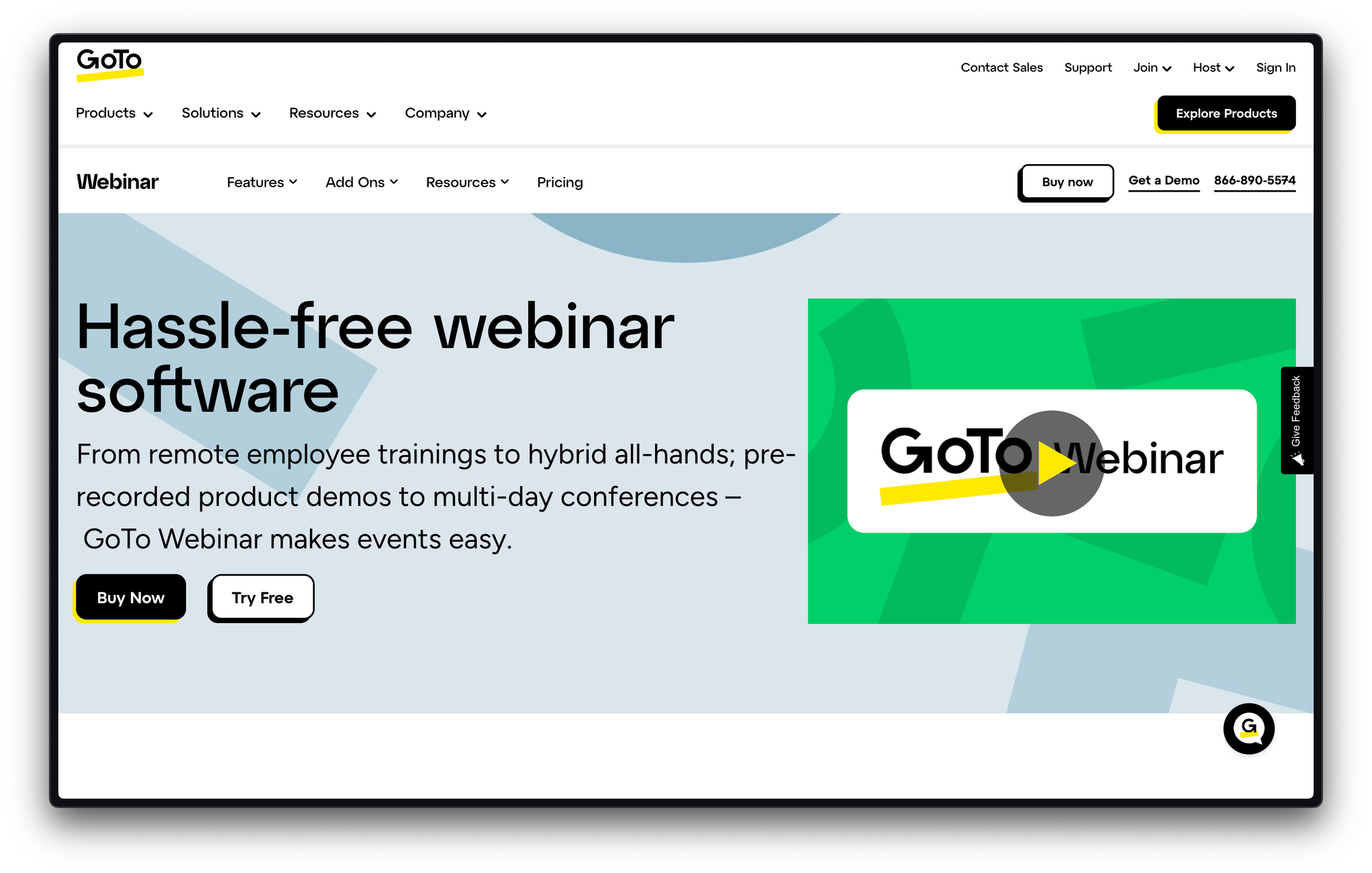 Screenshot of GoToWebinar homepage