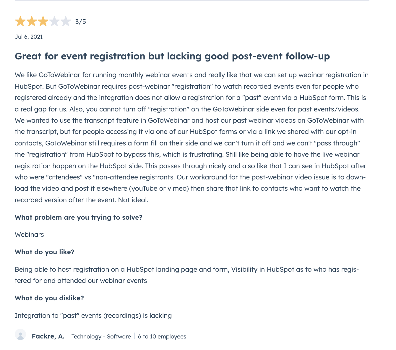 Screenshot of review of GoToWebinar on HubSpot Marketplace