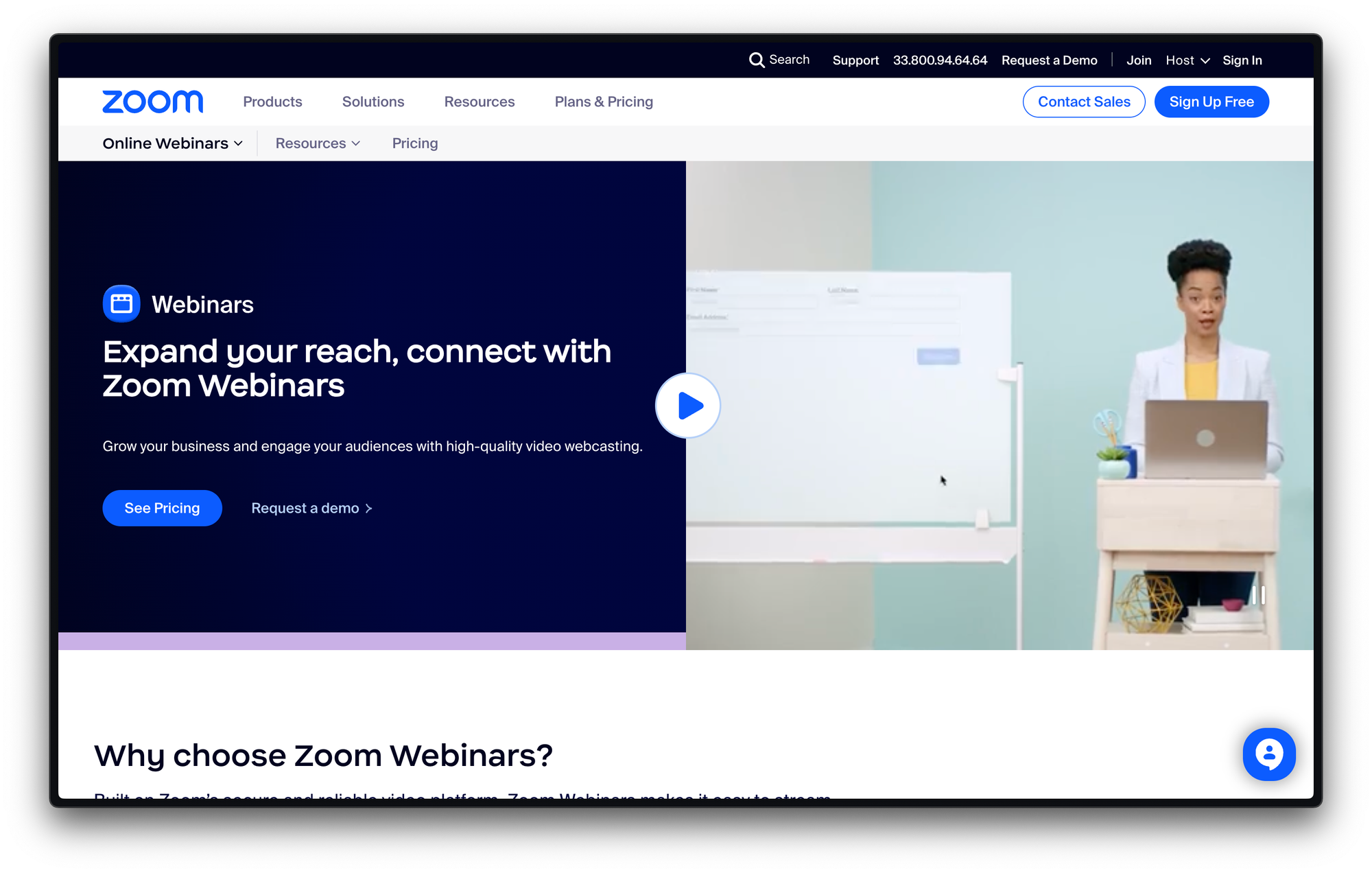 Screenshot of Zoom Webinar homepage