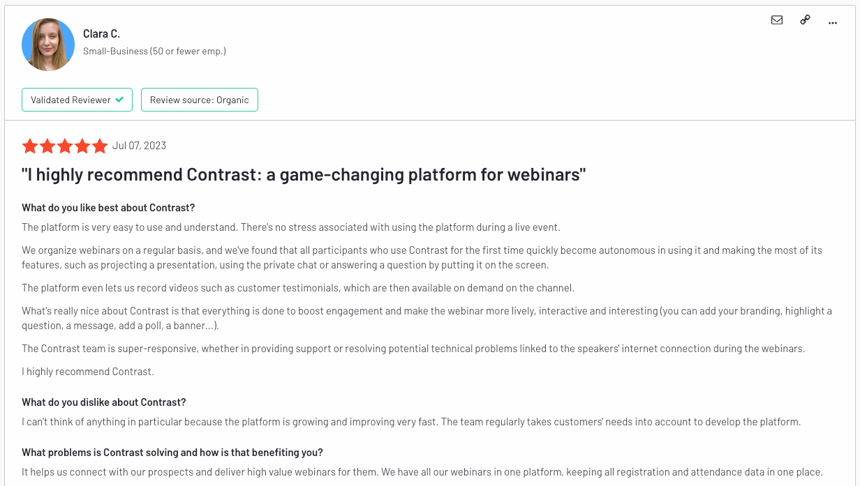 Screenshot of a Contrast review from Clara from Elevo