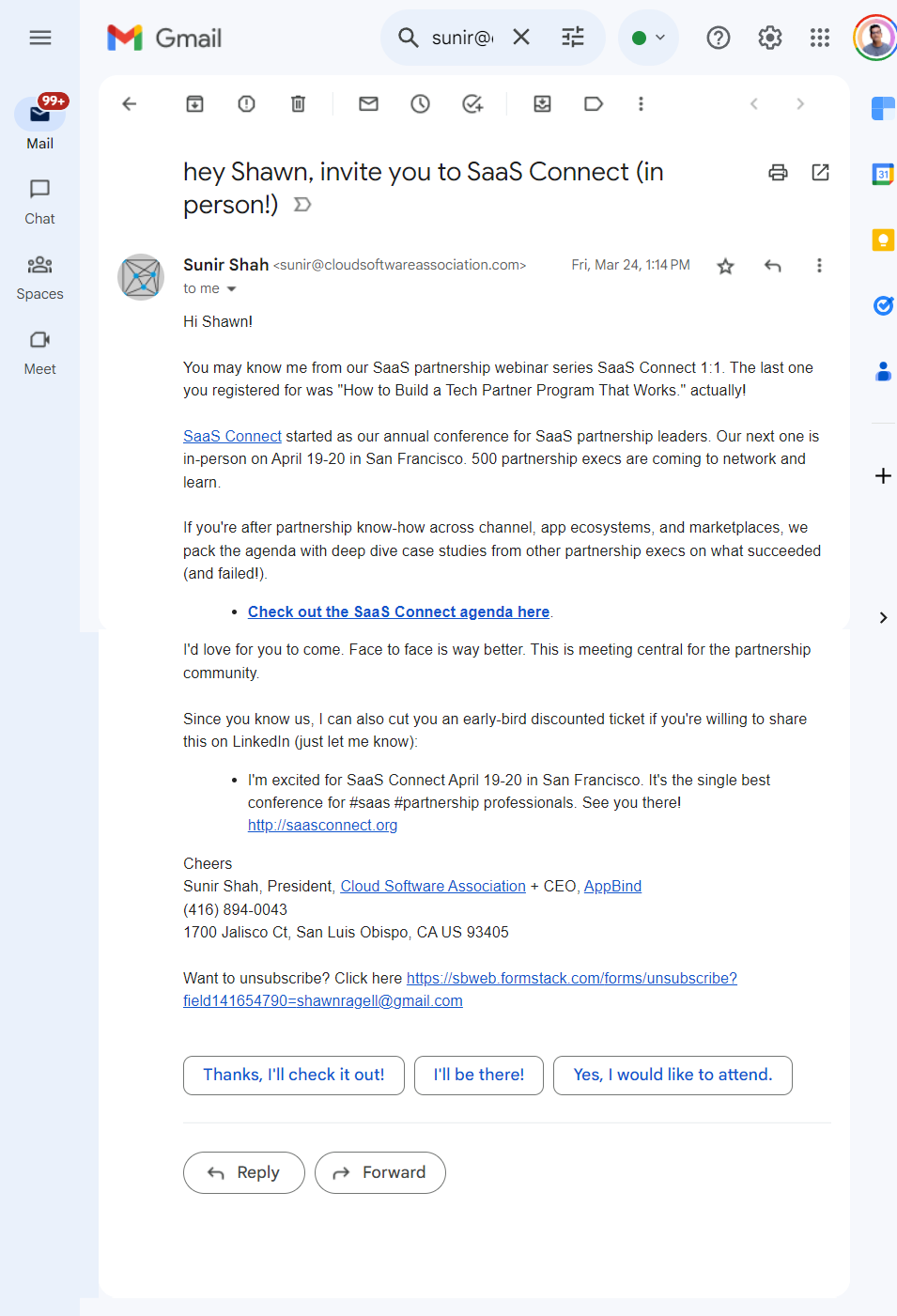 Screenshot of a personalized webinar invitation email from SaaS Connect