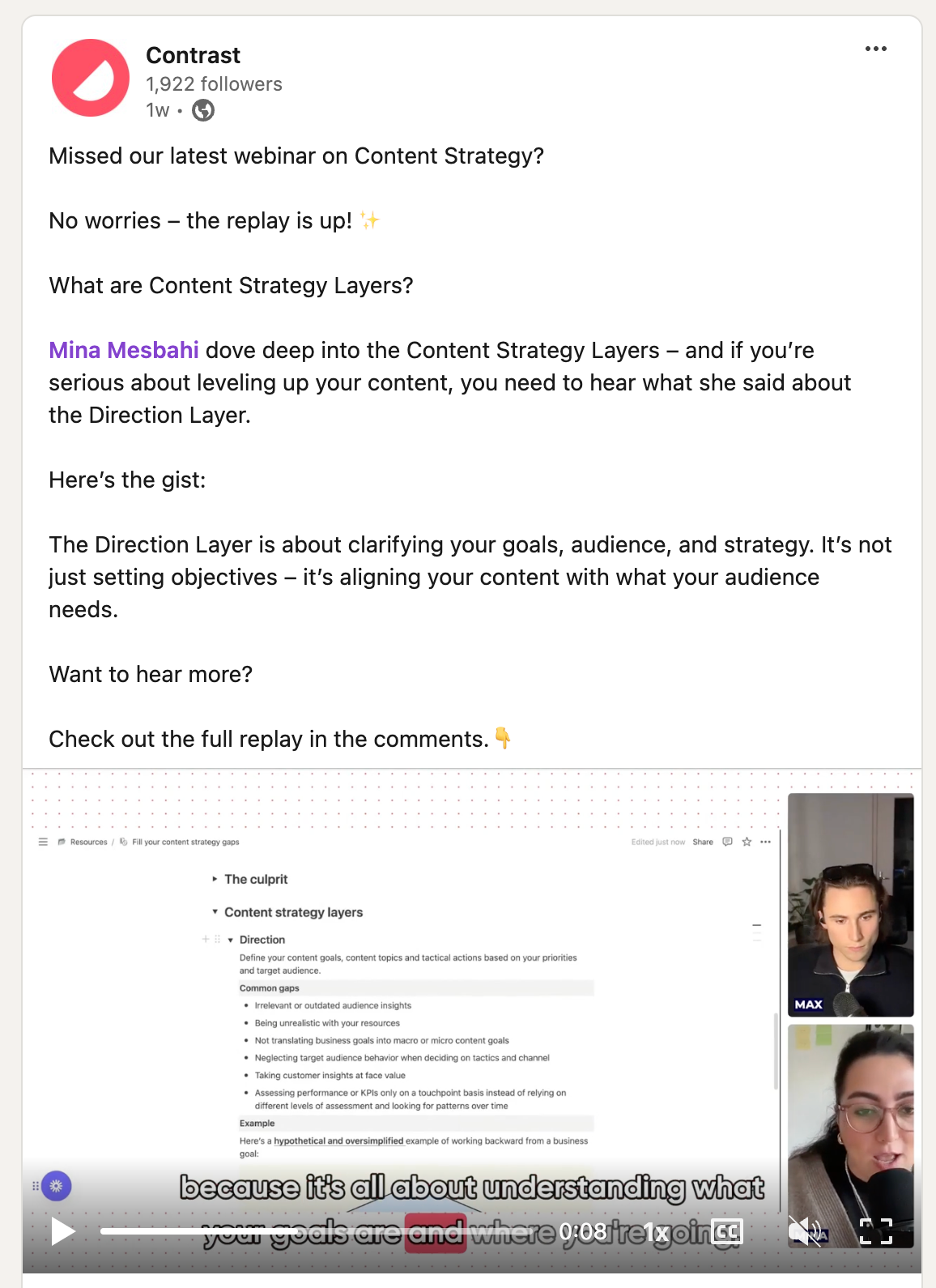 LinkedIn post that shows why you should be watching the replay of a webinar