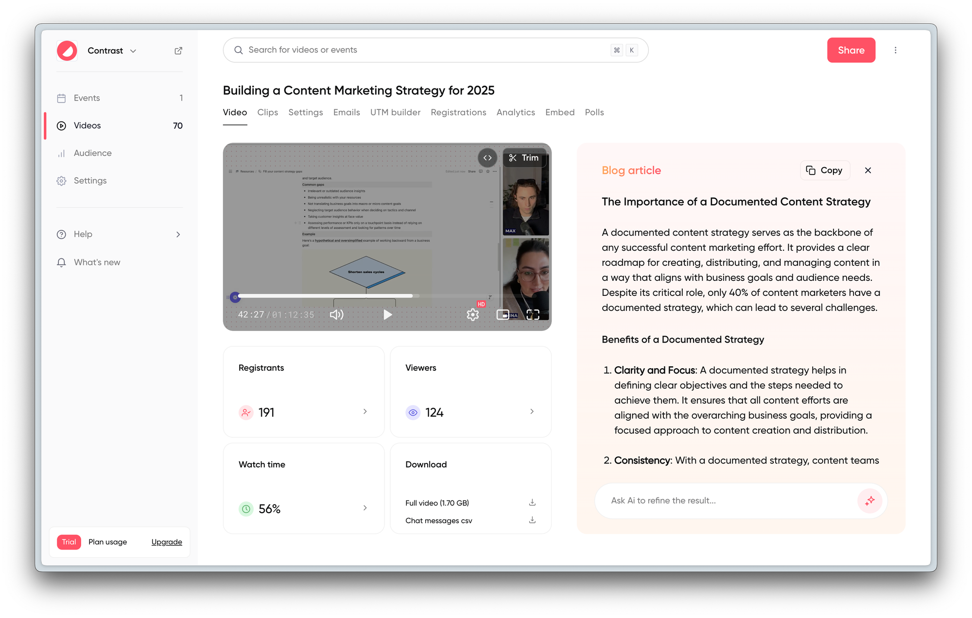 Screenshot that shows the Contrast webinar admin and a preview of a blog article written by Repurpose Ai