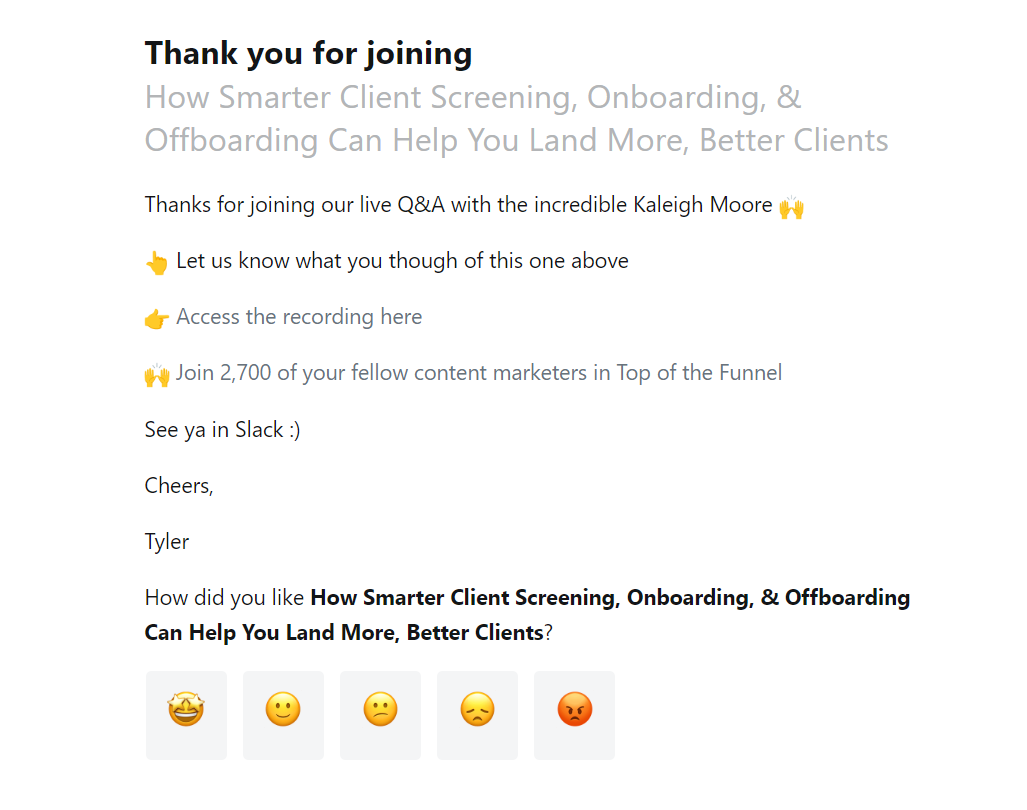 Screenshot of a thank you for attending webinar email example