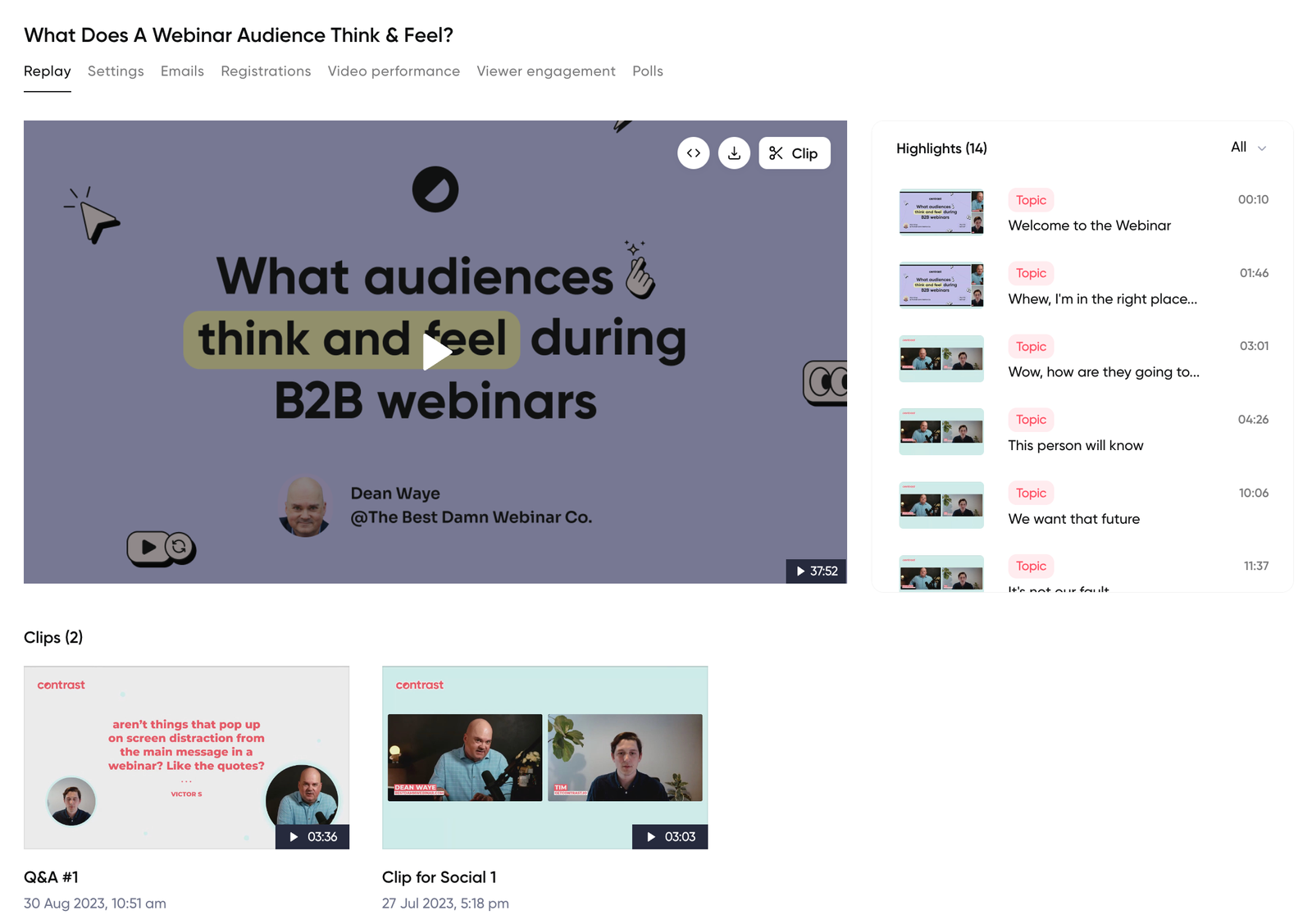 Screenshot of creating clips and repurposing webinars with Contrast