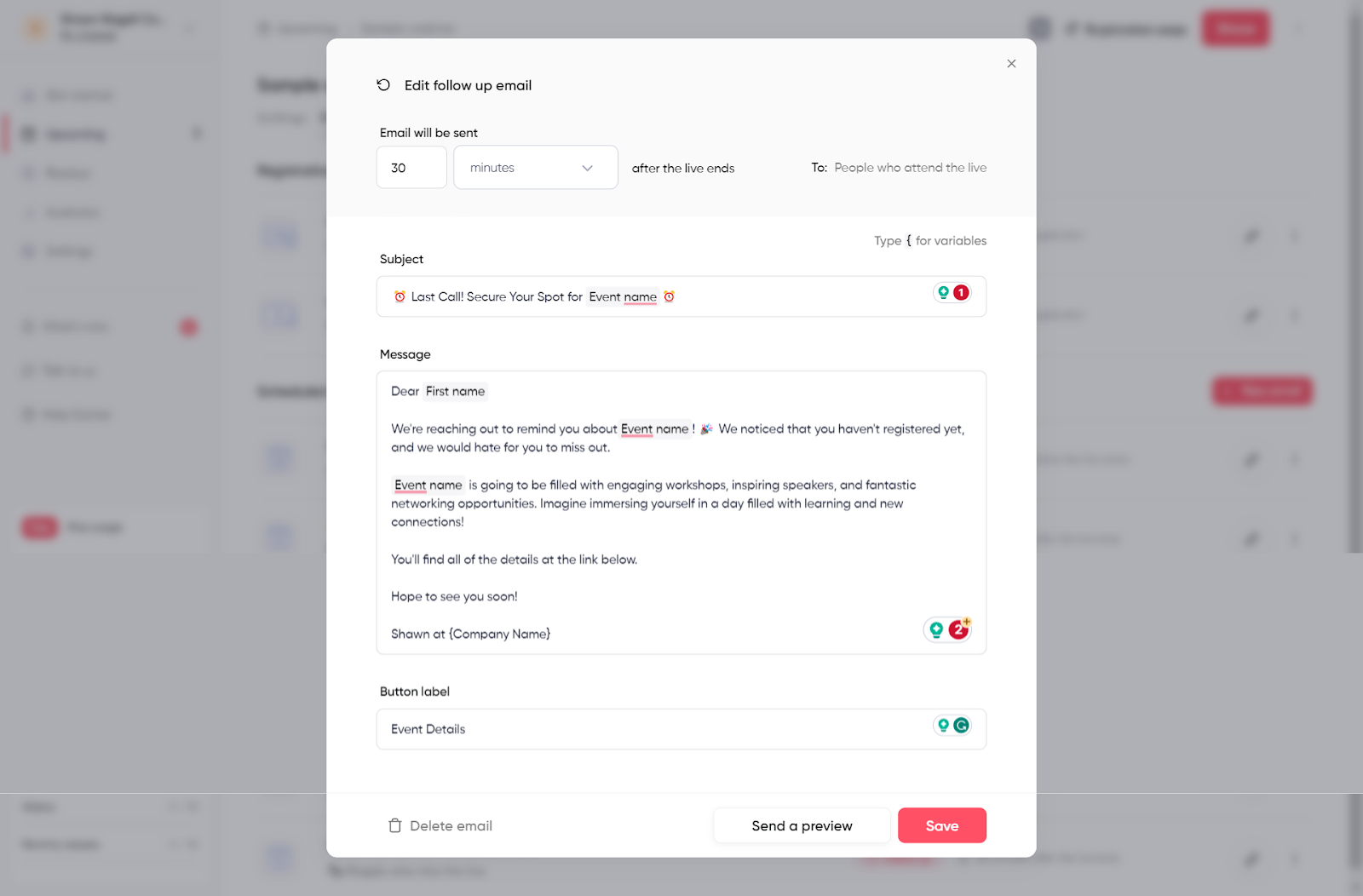 Screenshot of personalizing your webinar reminders and follow-ups with Contrast