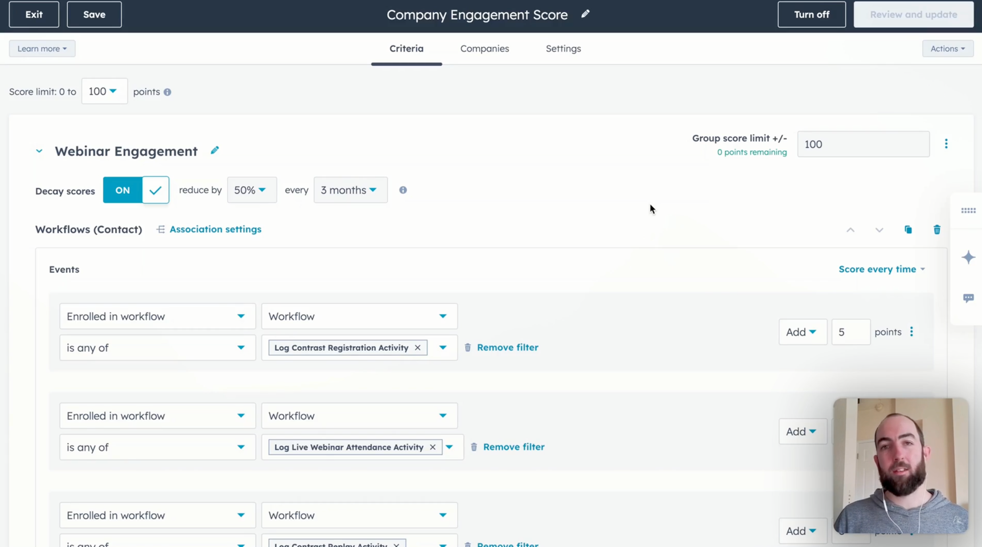 Screenshot of the Webinar Engagement board in HubSpot