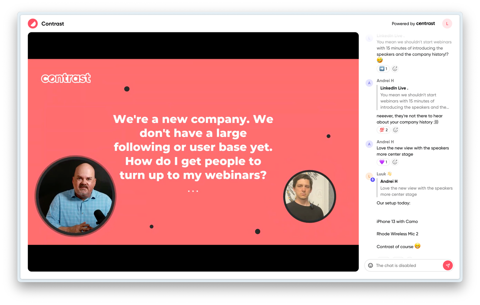 Q&A on stream using Contrast's webinar platform