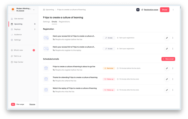 screenshot showing how easy it is to configure and personalize webinar email sequences with Contrast.