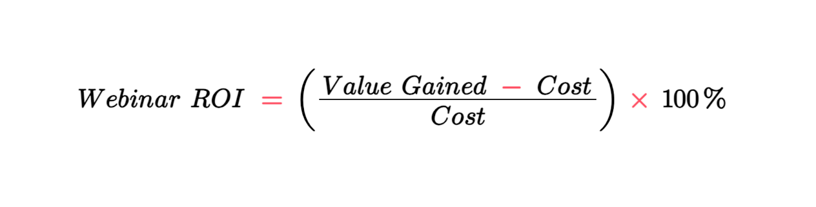 Equation showing how to calculated webinar ROI: Webinar ROI = (Value Gained - Cost) / Cost x 100%