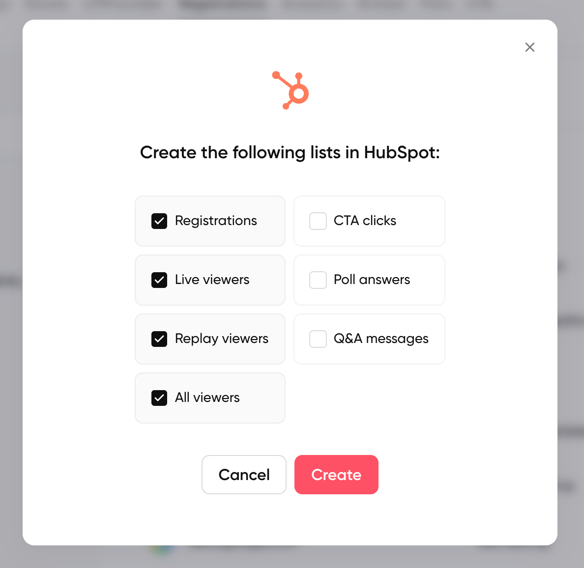 modal showing how to create lists directly inside of HubSpot when integrated with HubSpot