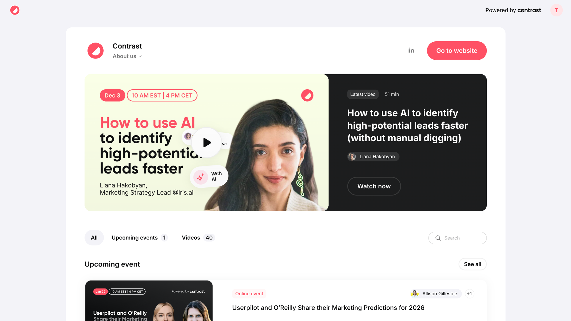 Screenshot of Channel experience on Contrast