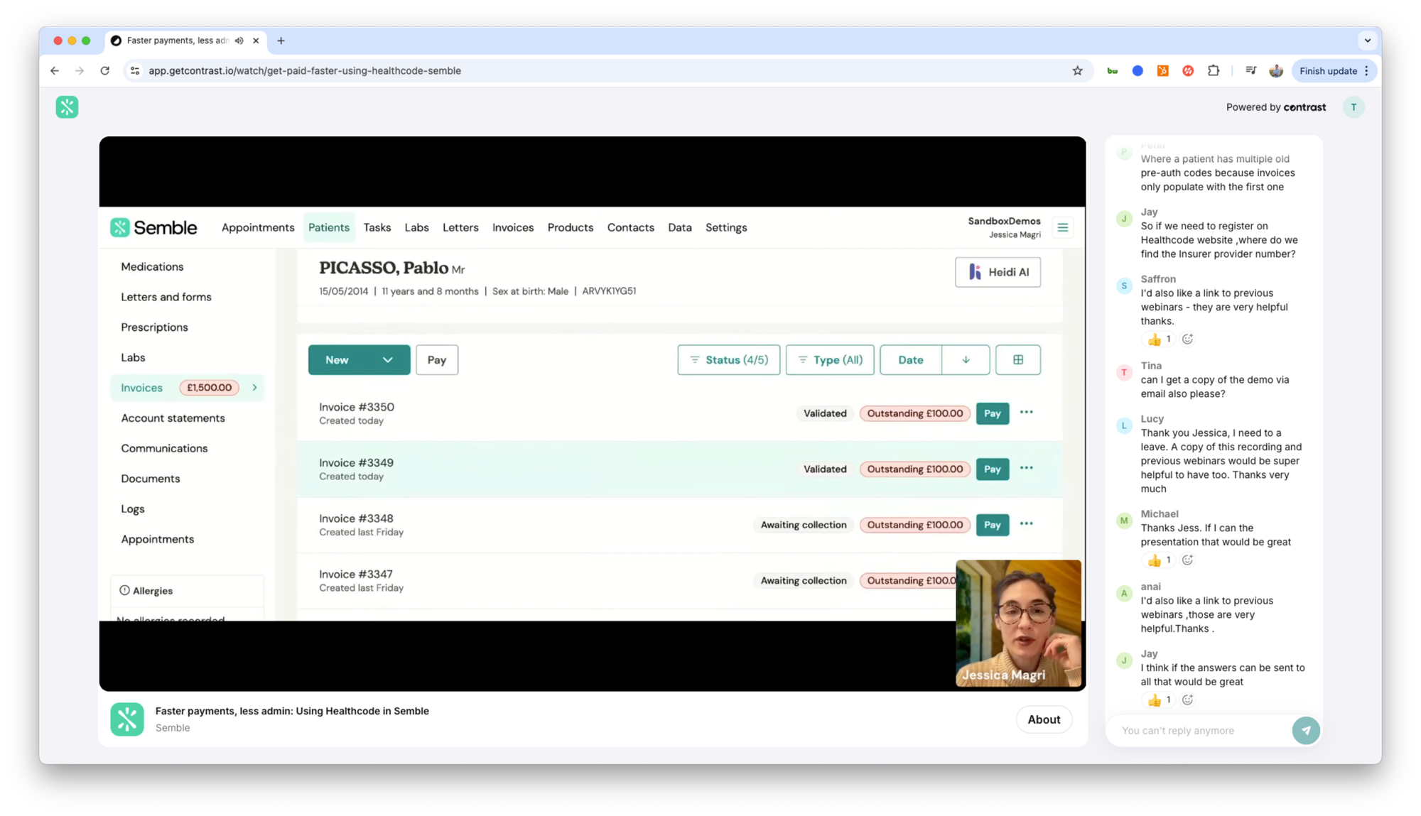 Semble running a focused product demo webinar using Contrast