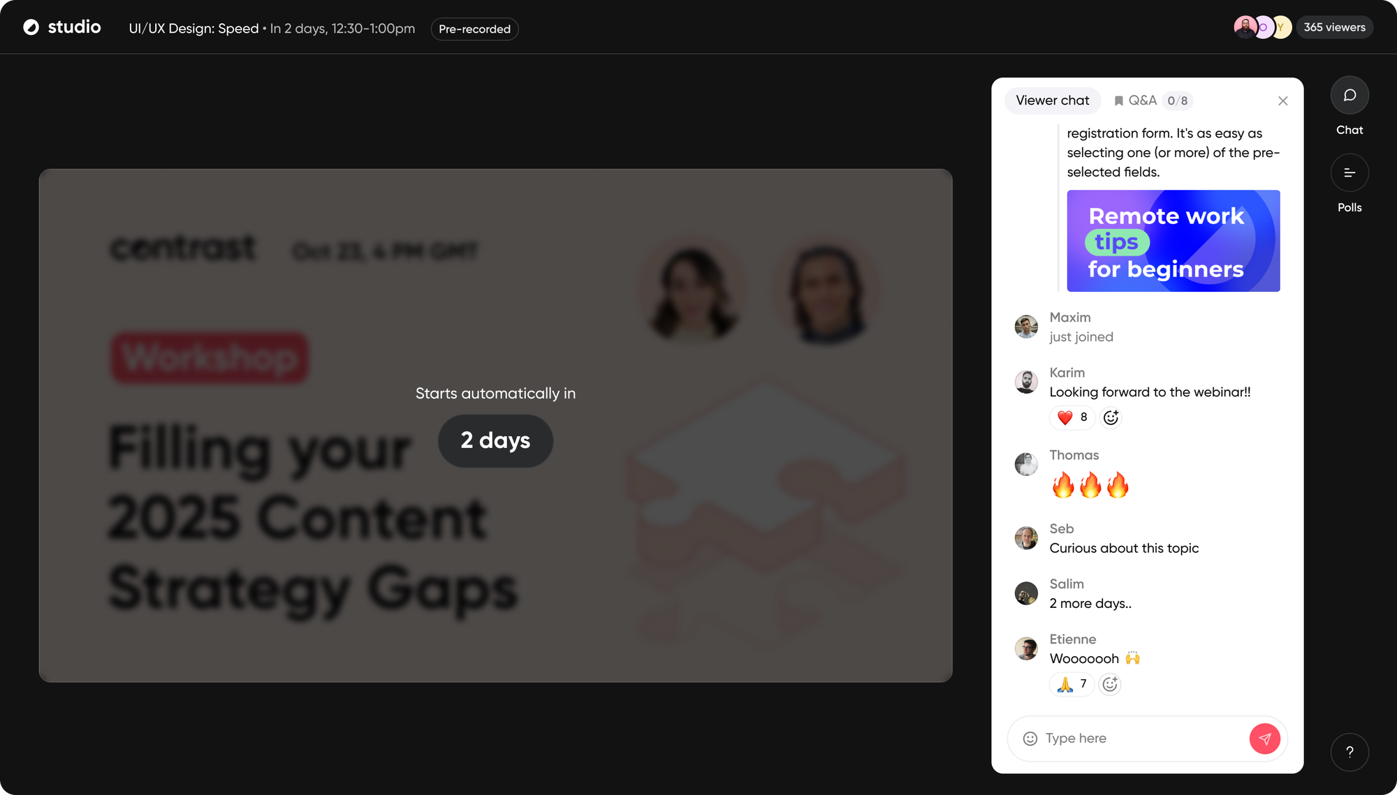 Screenshot of Contrast's studio showing a simulated live event scheduled to go live in 2 days