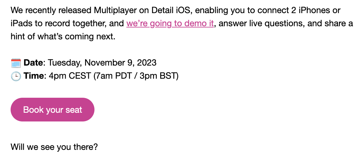 Book your seat is a good example of a CTA