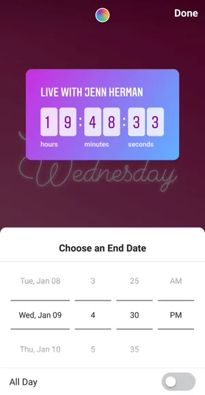Pink and purple gradient countdown timer reading "Live with Jenn Herman" over a background with the word "Wednesday." Below is a date and time selector set for Wednesday, January 9, 4:30 PM.