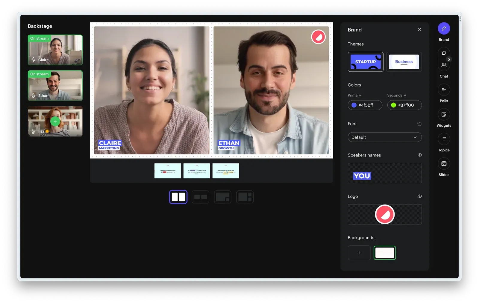 Video call interface on Contrast showing two participants smiling. Branding and customization options visible on the right sidebar.