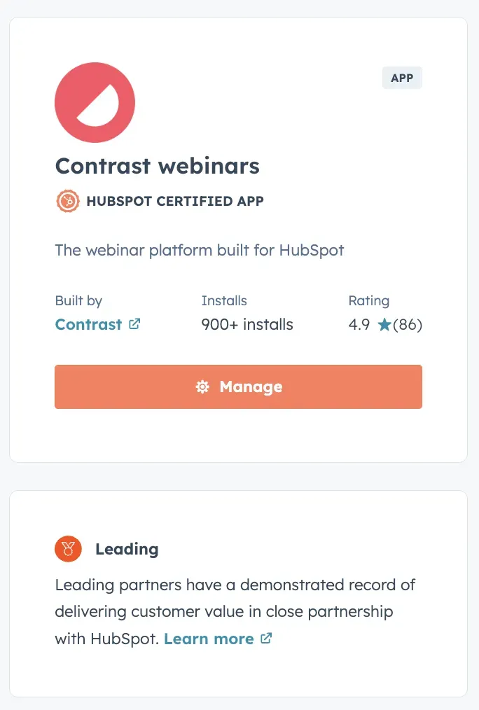 Screenshot showing Contrast in the HubSpot marketplace as a leading partner with over 900 installs and 4.9 rating